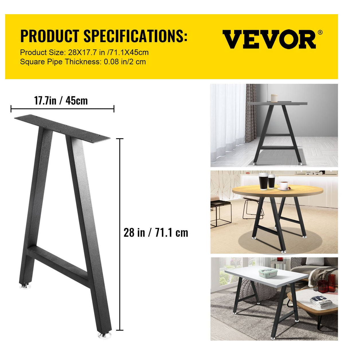 Metal Table Legs 28 x 17.7 inch A-Shaped Desk Legs Set of 2 Heavy Duty Bench Legs with Polyurethane Coating, Furniture Legs with Floor Protectors, Wrought Iron Coffee Table Legs for Home DIY Bla