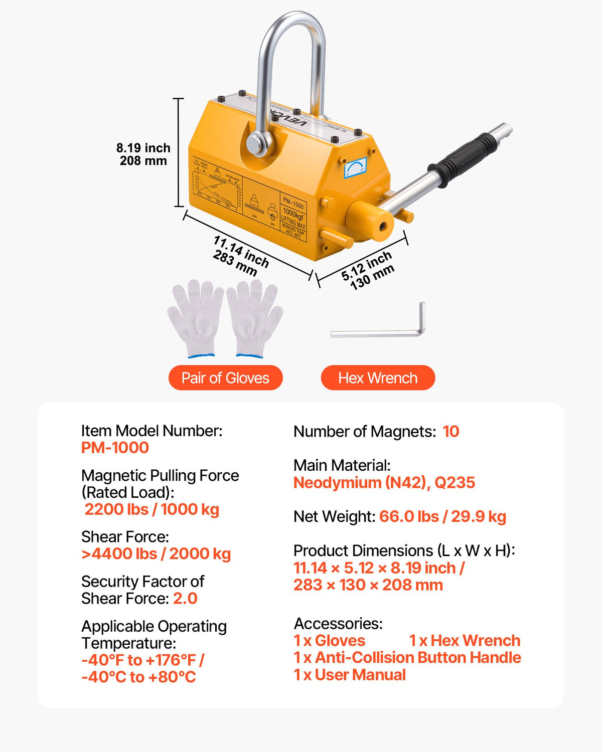 Permanent Magnetic Lifter, 1000 kg Pulling Capacity, Heavy Duty N42 Neodymium Lifting Magnet with Release Handle and Steel Hook, Used in Shop Crane and Hoist, for Lifting Plate Steel, Board