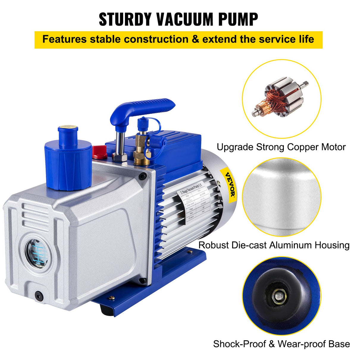Vakuumpump 717 L/min (12CFM) 746W (1HK) Lamellvakuumpump Tvåstegs 3 x 10⁻¹ Pa Ultimat HVAC Roterande Auto AC Kylmedelsvakuumpump, för bilreparationer Vakuumevakuering