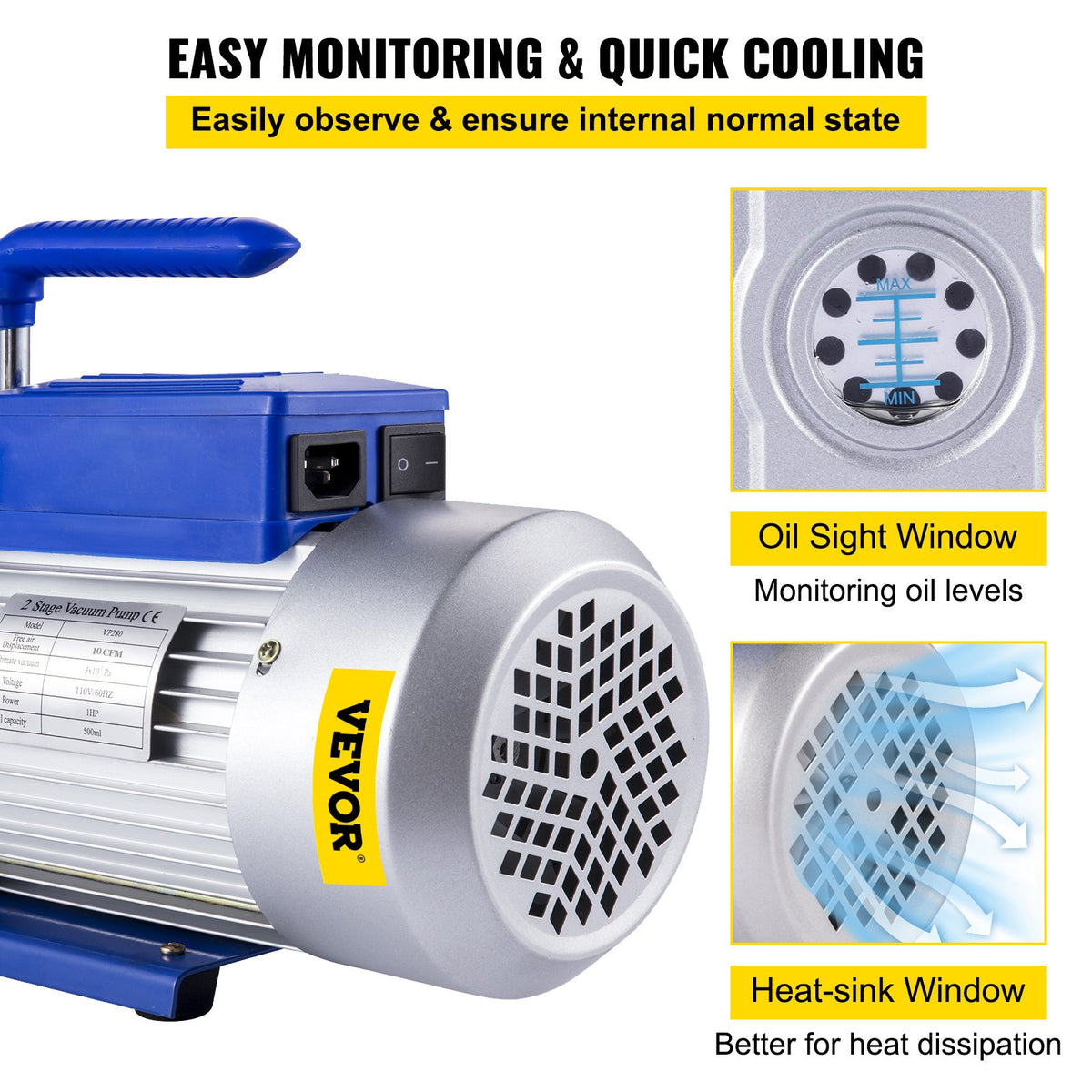 Vakuumpump 717 L/min (12CFM) 746W (1HK) Lamellvakuumpump Tvåstegs 3 x 10⁻¹ Pa Ultimat HVAC Roterande Auto AC Kylmedelsvakuumpump, för bilreparationer Vakuumevakuering