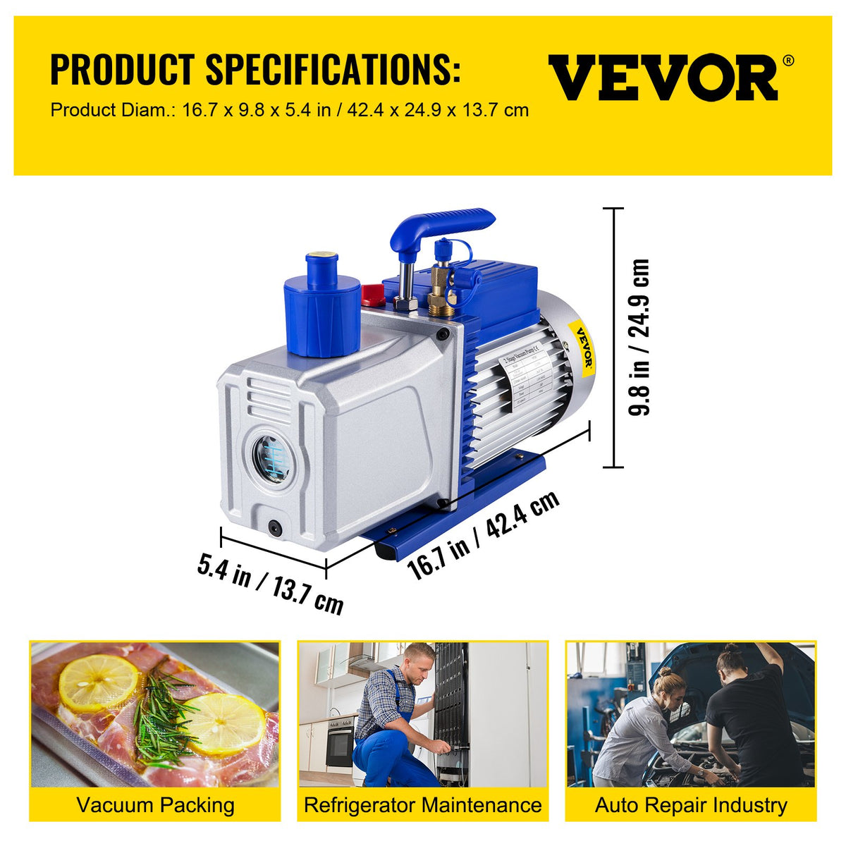 Vakuumpump 717 L/min (12CFM) 746W (1HK) Lamellvakuumpump Tvåstegs 3 x 10⁻¹ Pa Ultimat HVAC Roterande Auto AC Kylmedelsvakuumpump, för bilreparationer Vakuumevakuering
