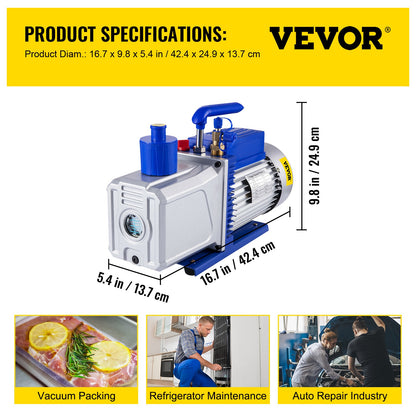 Vakuumpump 717 L/min (12CFM) 746W (1HK) Lamellvakuumpump Tvåstegs 3 x 10⁻¹ Pa Ultimat HVAC Roterande Auto AC Kylmedelsvakuumpump, för bilreparationer Vakuumevakuering