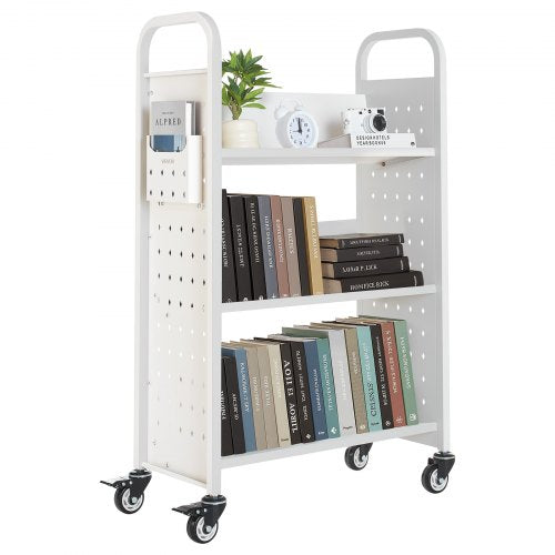 Rullande biblioteksbokvagn, 150 kg kapacitet, 77 x 38 x 122 cm biblioteksvagn, enkelsidiga V-formade hyllor med 76,2 mm låsbara hjul, bokvagn för hemhyllor, kontor och skola, vit