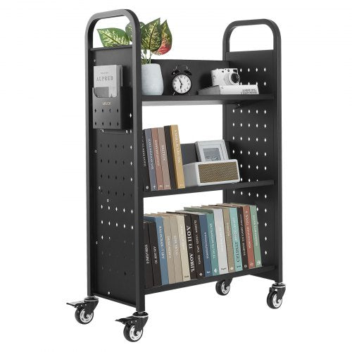 Rullande biblioteksbokvagn, 150 kg kapacitet, 77 x 38 x 122 cm biblioteksvagn, enkelsidiga V-formade hyllor med 76,2 mm låsbara hjul, bokvagn för hemhyllor, kontor och skola, svart