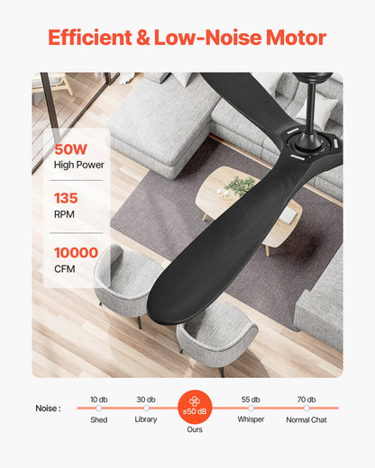 72 Inch Ceiling Fan without Light, 6-Speed Remote Control, 3-Wood-Blade, Reversible DC Motor, Modern Low Profile Flush Mount Exterior Fan for Bedroom, Living Room, Patio, Indoor/Outdoor, Black