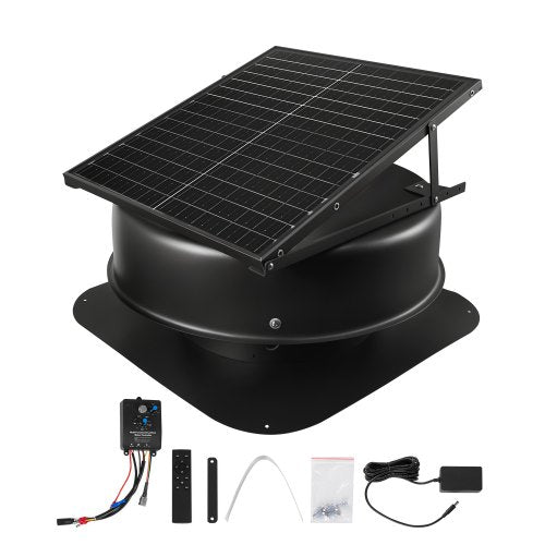 Takfläkt för vindsutrymme, 50W smart solcellsfläkt för takventilation med termostat, fjärrkontroll, 3000 CFM luftflöde, inbyggd röksensor med autostopp för kylning och avfuktning
