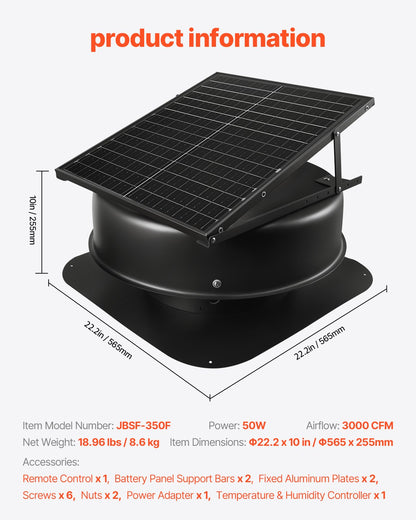 Takfläkt för vindsutrymme, 50W smart solcellsfläkt för takventilation med termostat, fjärrkontroll, 3000 CFM luftflöde, inbyggd röksensor med autostopp för kylning och avfuktning
