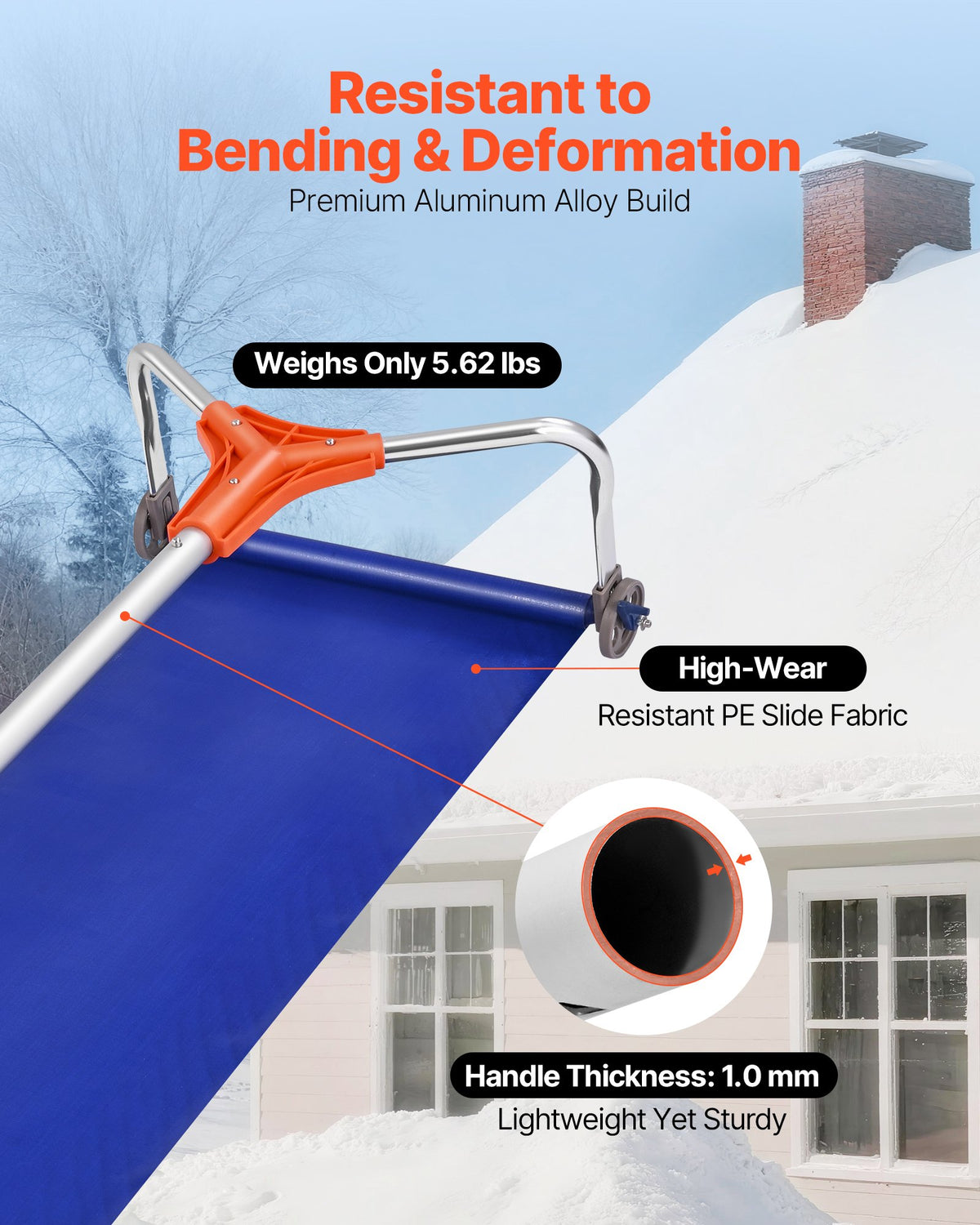 Snow Roof Rake, 27cm Aluminum Blade, 1.25-5.24 m Adjustable Roof Snow Scraper with Wheels & Slide, Lightweight Snows Removal Tool for House Rooftop Leaves Debris Clearing