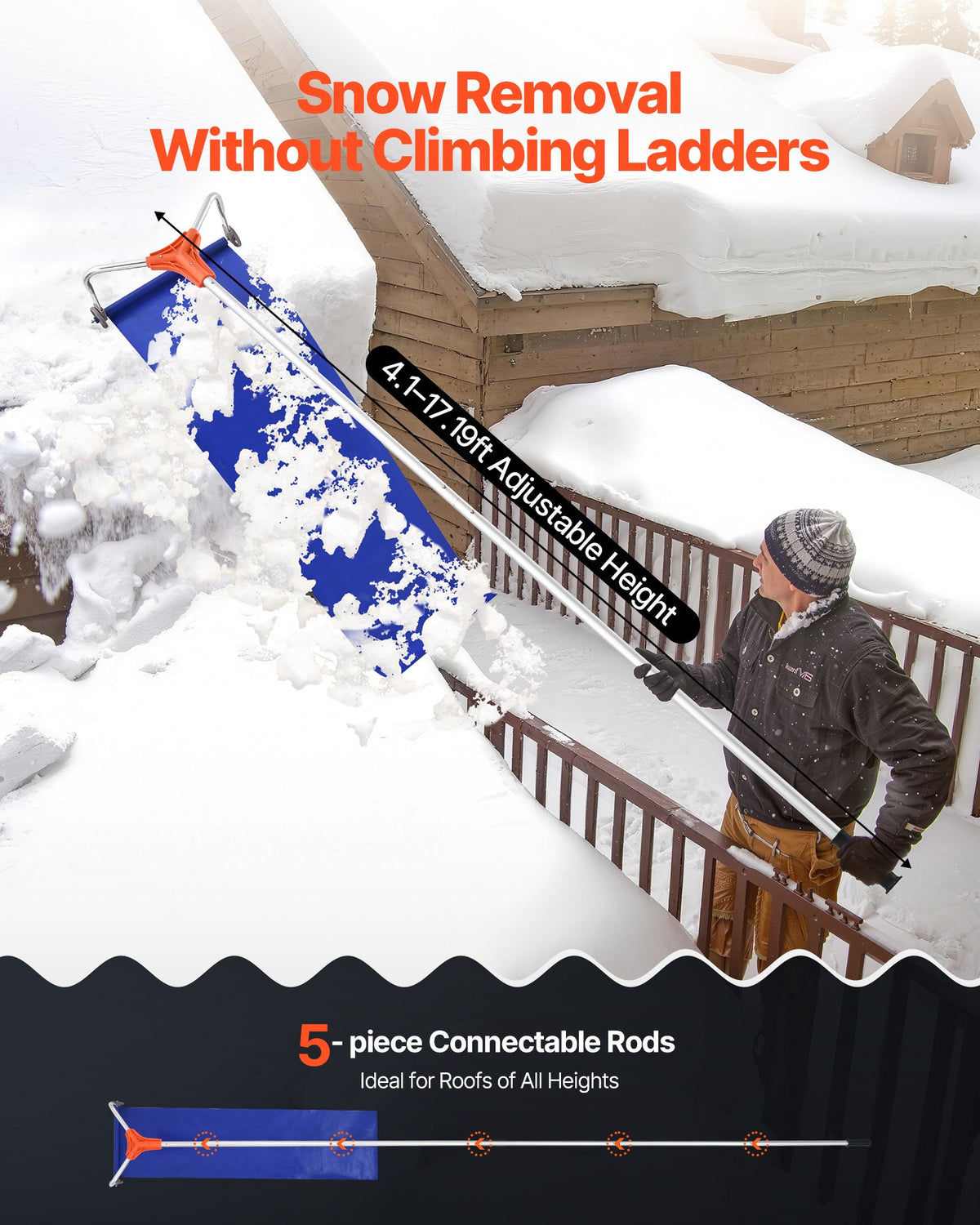 Snow Roof Rake, 27cm Aluminum Blade, 1.25-5.24 m Adjustable Roof Snow Scraper with Wheels & Slide, Lightweight Snows Removal Tool for House Rooftop Leaves Debris Clearing
