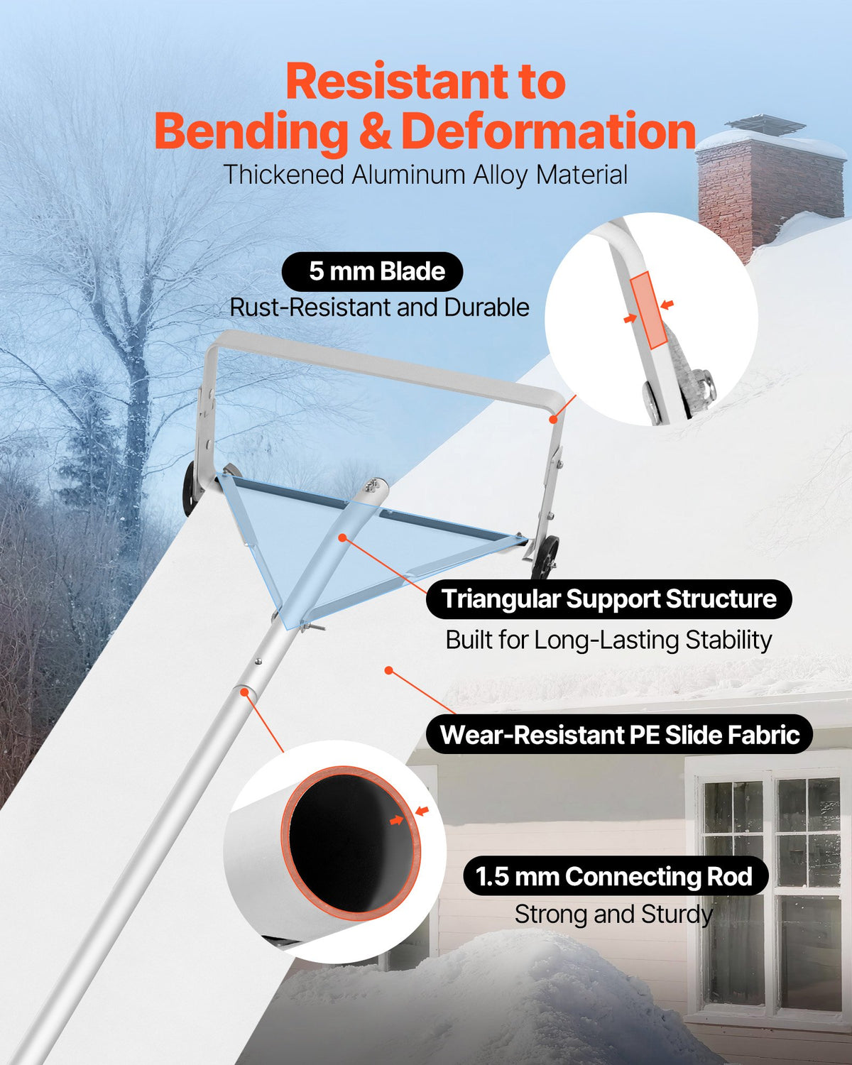 Snow Roof Rake, 22 cm Aluminum Blade, 1.58-9.13 m Adjustable Roof Snow Scraper with Wheels & Slide, , Lightweight Snows Removal Tool for House Rooftop Leaves Debris Clearing