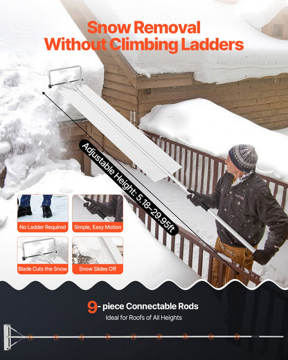 Snow Roof Rake, 22 cm Aluminum Blade, 1.58-9.13 m Adjustable Roof Snow Scraper with Wheels & Slide, , Lightweight Snows Removal Tool for House Rooftop Leaves Debris Clearing
