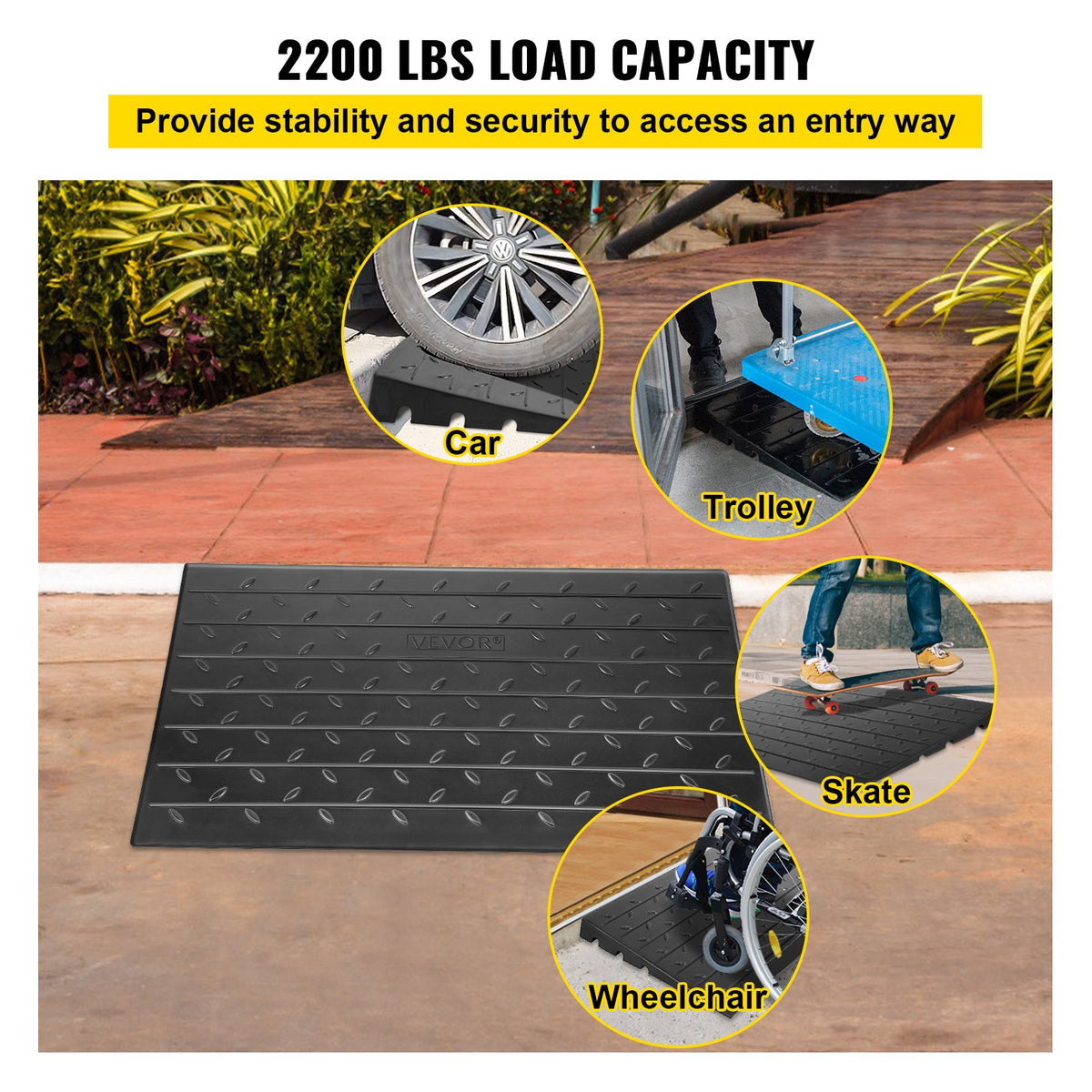 Rubber Threshold Ramp, 6.5 cm Rise Threshold Ramp Doorway, 3 Channels Cord Cover Rubber Solid Threshold Ramp, Rubber Angled Entry Rated 1000 kg Load Capacity for Wheelchair and Scooter