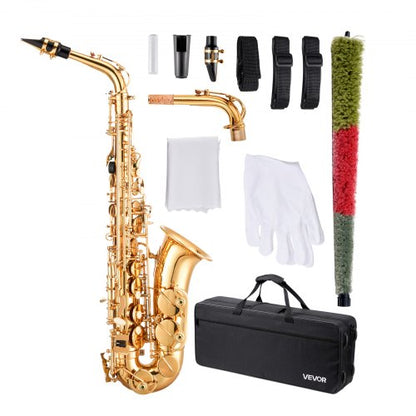 Altsaxofon, Ess-modell, nybörjarkit för mässingssaxofon med bärväska, munstycke, remmar, rengöringsduk, handskar, fett, halsrem, altsaxofonkit med 23 tangenter, för nybörjare, guld