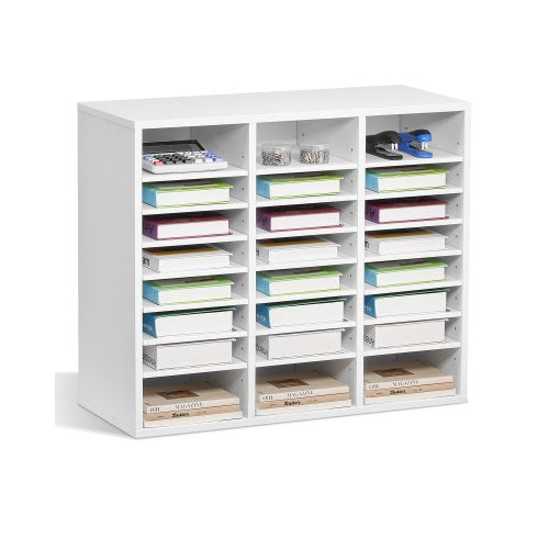 Litteraturorganisatör, kontorsbrevlåda med 24 fack och justerbara hyllor, postlådesorterare i trä, medeltät fiberpapp, kontors- och klassrumsförvaring för filer, dokument, papper, vit