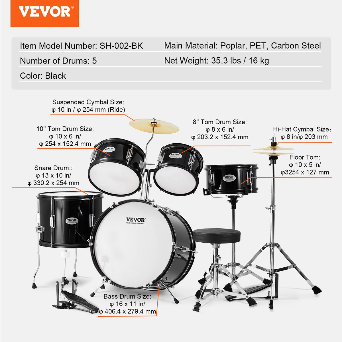 Barntrumset, 5-delars, 16-tums komplett trumset för nybörjare med baspukor, virveltrumma, golvtrumma, justerbar troncymbal, hi-hat-pedal och två par trumstockar, nybörjartrumset för barn, svart