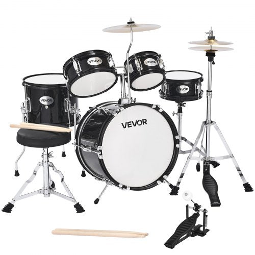Barntrumset, 5-delars 14 tum / 355,6 mm juniortrumset, trumset för nybörjare med justerbart ställ och två par trumstockar, musikaliskt lärande truminstrumentkit, för barn i åldrarna 6-13 (svart)