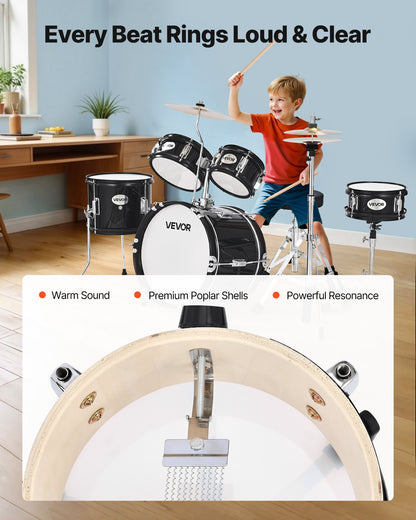 Barntrumset, 5-delars 14 tum / 355,6 mm juniortrumset, trumset för nybörjare med justerbart ställ och två par trumstockar, musikaliskt lärande truminstrumentkit, för barn i åldrarna 6-13 (svart)