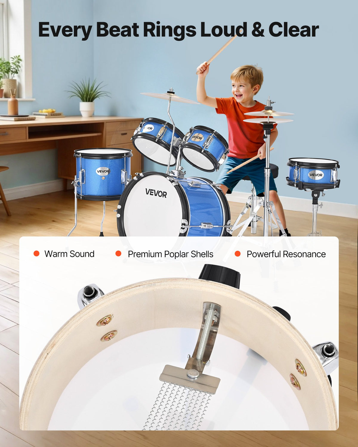 Barntrumset, 5-delars 14 tum / 355,6 mm juniortrumset, trumset för nybörjare med justerbart ställ och två par trumstockar, musikaliskt lärande truminstrumentkit, för barn i åldrarna 6-13 (blå)