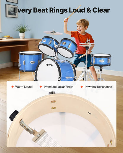 Barntrumset, 5-delars 16 tum / 406,4 mm juniortrumset, trumset för nybörjare med justerbart ställ och två par trumstockar, musikaliskt lärande truminstrumentkit, för barn i åldrarna 6-13 (blå)