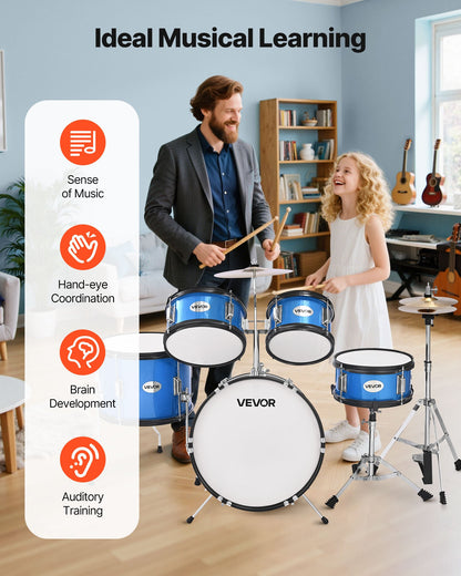 Barntrumset, 5-delars 16 tum / 406,4 mm juniortrumset, trumset för nybörjare med justerbart ställ och två par trumstockar, musikaliskt lärande truminstrumentkit, för barn i åldrarna 6-13 (blå)