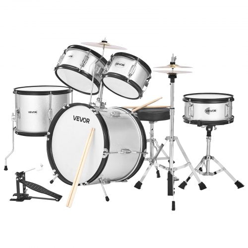 Barntrumset, 5-delars 16 tum / 406,4 mm juniortrumset, trumset för nybörjare med justerbar tron ​​och två par trumstockar, musikaliskt lärande trumset, för barn i åldrarna 6-13 (silver)