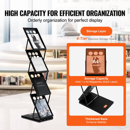 Foldable Magazine Display Rack. 4-Tier Brochure Literature Display Stand, Portable Catalog Brochure Holder Stand with Carrying Bag for Office Trade Show Exhibitions, 4 Pockets