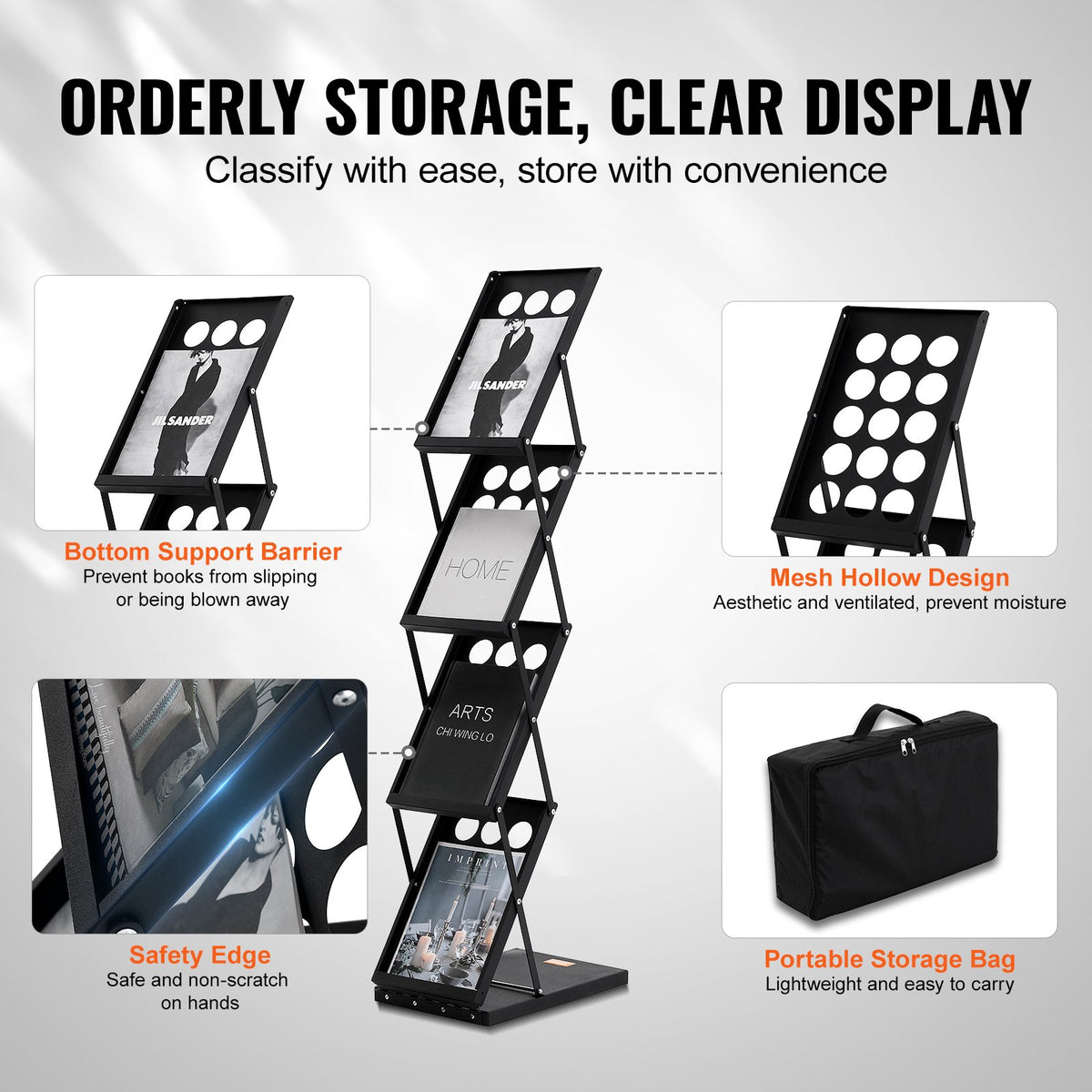Foldable Magazine Display Rack. 4-Tier Brochure Literature Display Stand, Portable Catalog Brochure Holder Stand with Carrying Bag for Office Trade Show Exhibitions, 4 Pockets