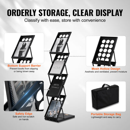 Foldable Magazine Display Rack. 4-Tier Brochure Literature Display Stand, Portable Catalog Brochure Holder Stand with Carrying Bag for Office Trade Show Exhibitions, 4 Pockets