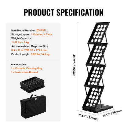 Foldable Magazine Display Rack. 4-Tier Brochure Literature Display Stand, Portable Catalog Brochure Holder Stand with Carrying Bag for Office Trade Show Exhibitions, 4 Pockets