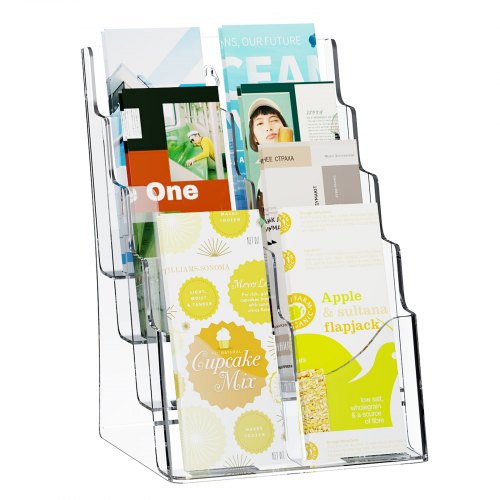 Broschyrhållare i akryl, 20 x 28 cm, 4-våningars transparent akrylmaterialdisplayställ, plastmaterialorganisatör och avtagbar avdelare för kontorsutställning, bänk- eller väggmontering