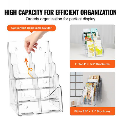 Broschyrhållare i akryl, 20 x 28 cm, 4-våningars transparent akrylmaterialdisplayställ, plastmaterialorganisatör och avtagbar avdelare för kontorsutställning, bänk- eller väggmontering