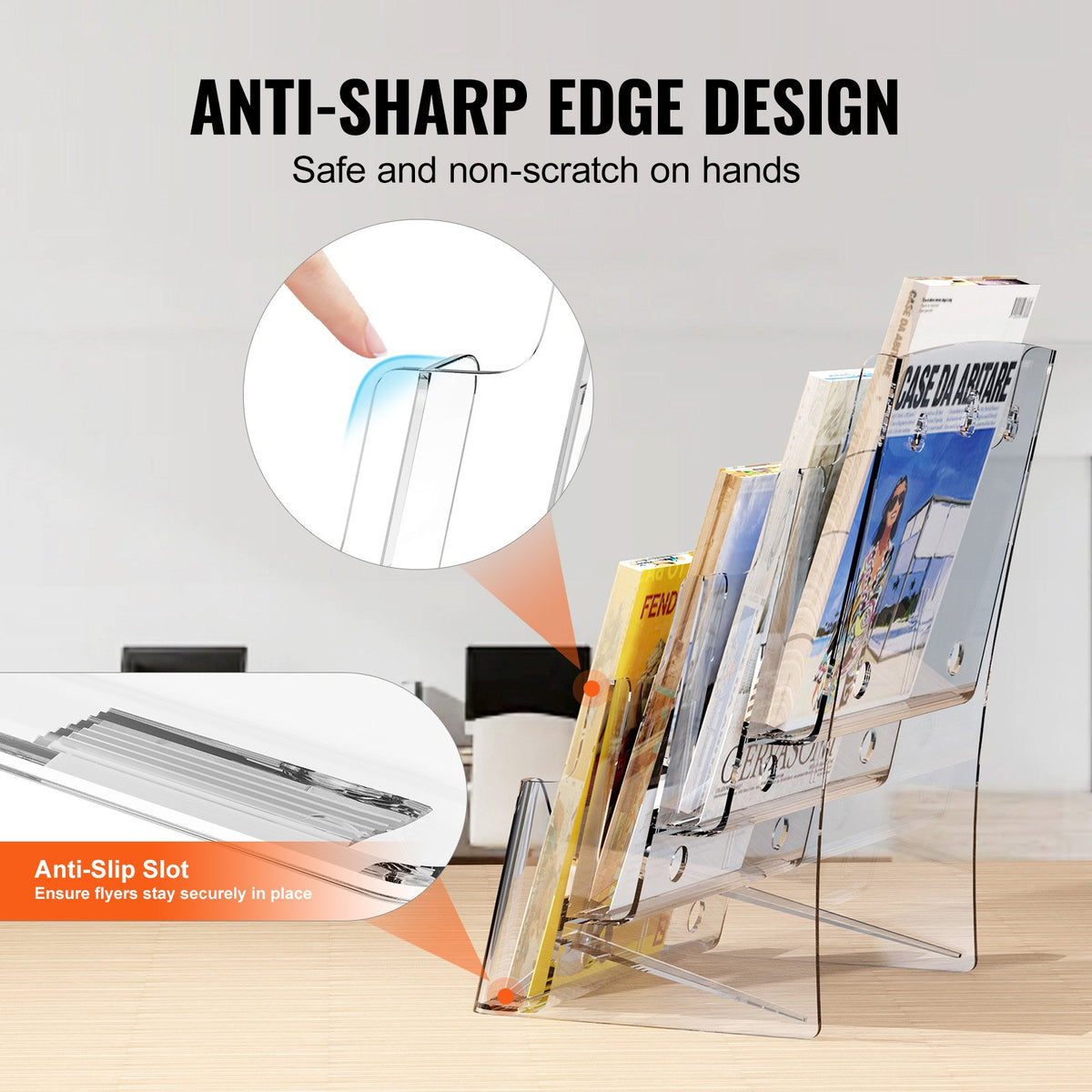 Broschyrhållare i akryl, 20 x 28 cm, 4-våningars transparent akrylmaterialdisplayställ, plastmaterialorganisatör och avtagbar avdelare för kontorsutställning, bänk- eller väggmontering