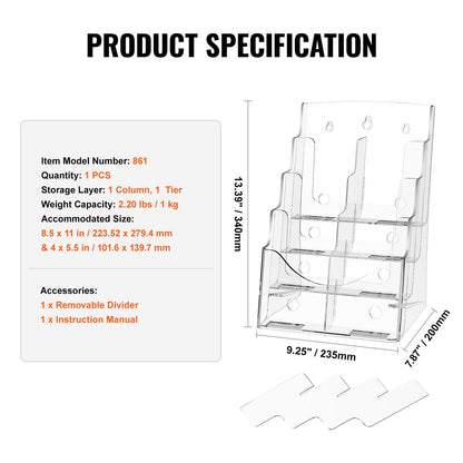 Broschyrhållare i akryl, 20 x 28 cm, 4-våningars transparent akrylmaterialdisplayställ, plastmaterialorganisatör och avtagbar avdelare för kontorsutställning, bänk- eller väggmontering