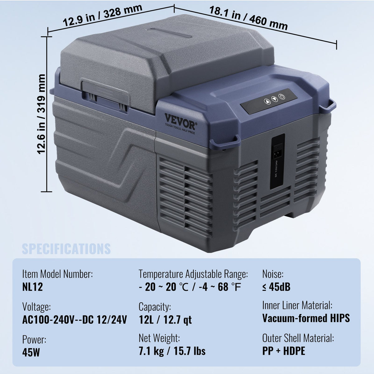 Bilkylskåp, 12 volts bilkylskåp, 12 l bärbar frys med en zon, justerbart temperaturområde -4℉-68℉, 12/24V DC och 100-240V AC kompressorkylare för utomhusbruk, camping, husbil
