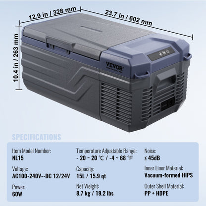 Bilkylskåp, 12 volts bilkylskåp, 15 l bärbar frys med en zon, justerbart temperaturområde -4℉-68℉, 12/24V DC och 100-240V AC kompressorkylare för utomhusbruk, camping, husbil