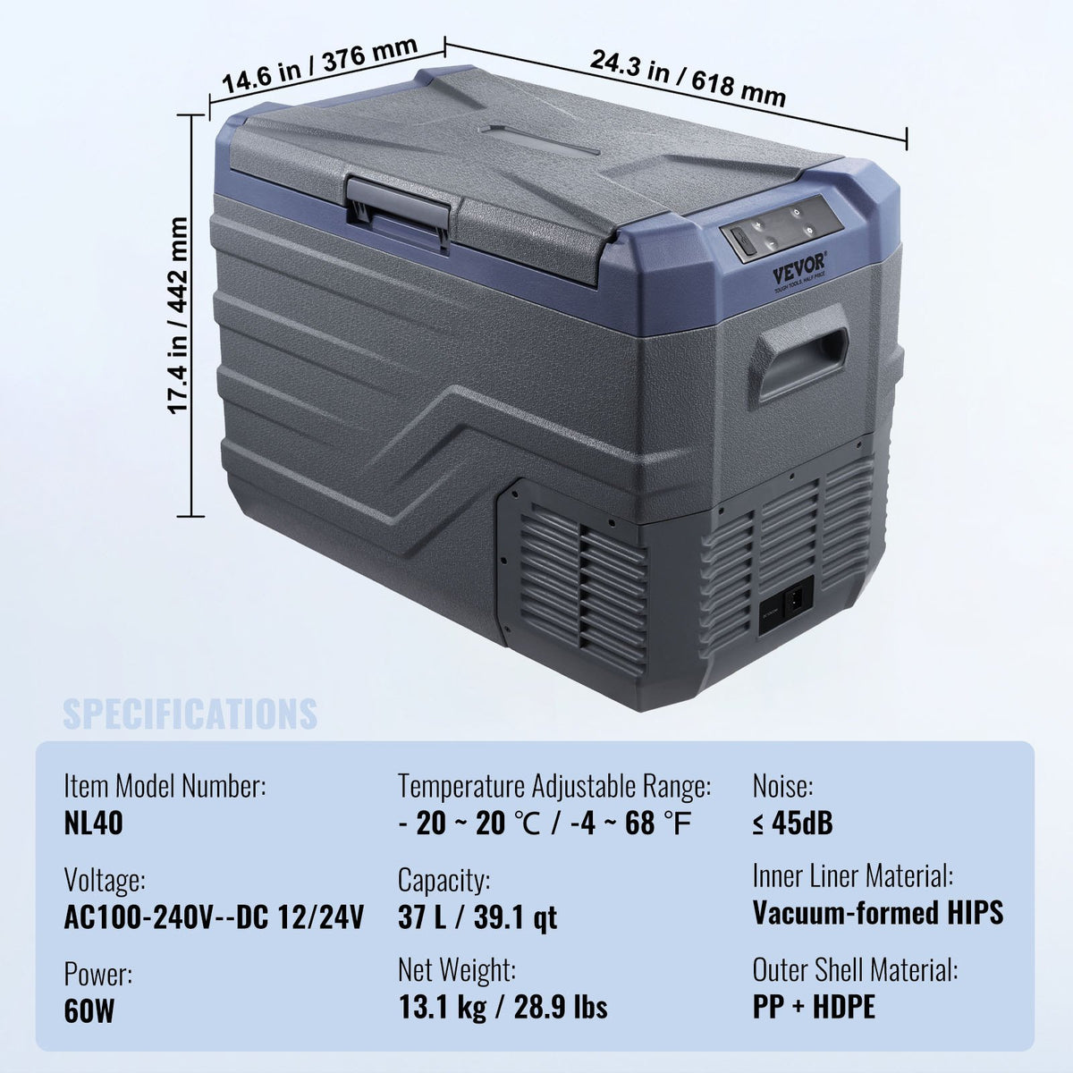 Car Refrigerator, 12 Volt Car Refrigerator Fridge, 37 L Single Zone Portable Freezer with Built-in Light, -4℉-68℉, 12/24V DC and 100-240V AC Compressor Cooler for Outdoor, Camping, RV