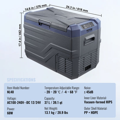 Car Refrigerator, 12 Volt Car Refrigerator Fridge, 37 L Single Zone Portable Freezer with Built-in Light, -4℉-68℉, 12/24V DC and 100-240V AC Compressor Cooler for Outdoor, Camping, RV