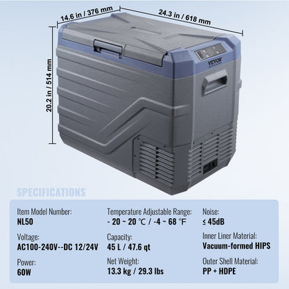 Car Refrigerator, 12 Volt Car Refrigerator Fridge, 45 L Single Zone Portable Freezer with Built-in Light, -4℉-68℉, 12/24V DC and 100-240V AC Compressor Cooler for Outdoor, Camping, RV
