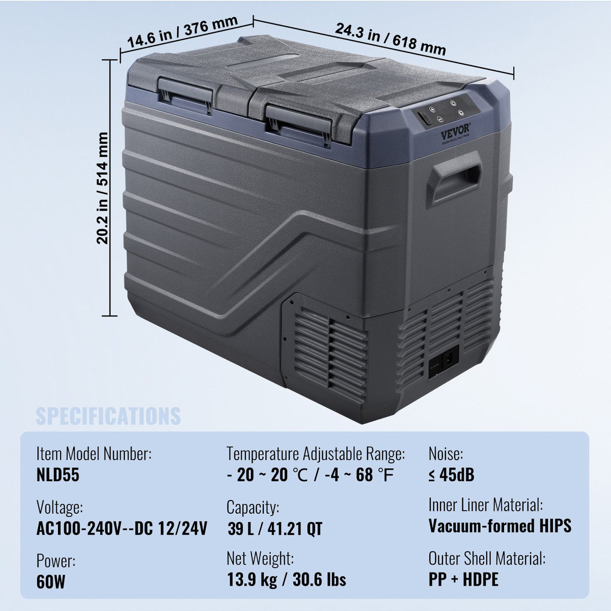Bilkylskåp, 39 l bärbar frys med dubbla zoner, 12 volt bilkylskåp, justerbart område -4℉-68℉, 12/24V DC och 100-240V AC kompressorkylare för utomhusbruk, camping, husbil