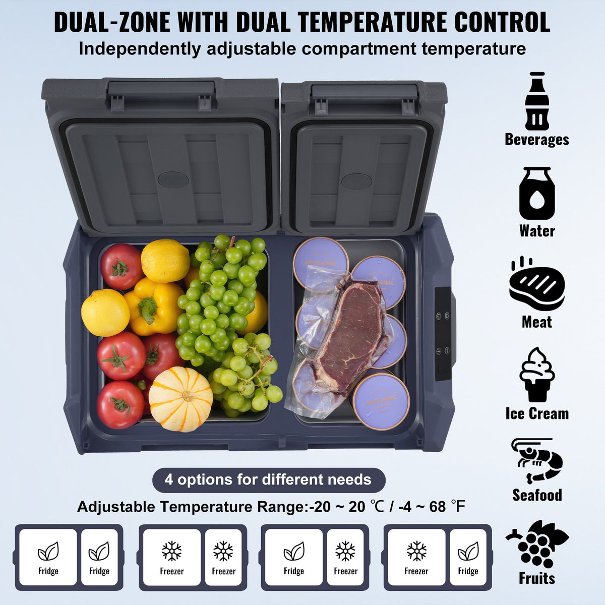 Bilkylskåp, 12 volts bilkylskåp, 40 l bärbar frys med dubbla zoner, justerbart temperaturområde -4℉-68℉, 12/24V DC och 100-240V AC kompressorkylare för utomhusbruk, camping, husbil