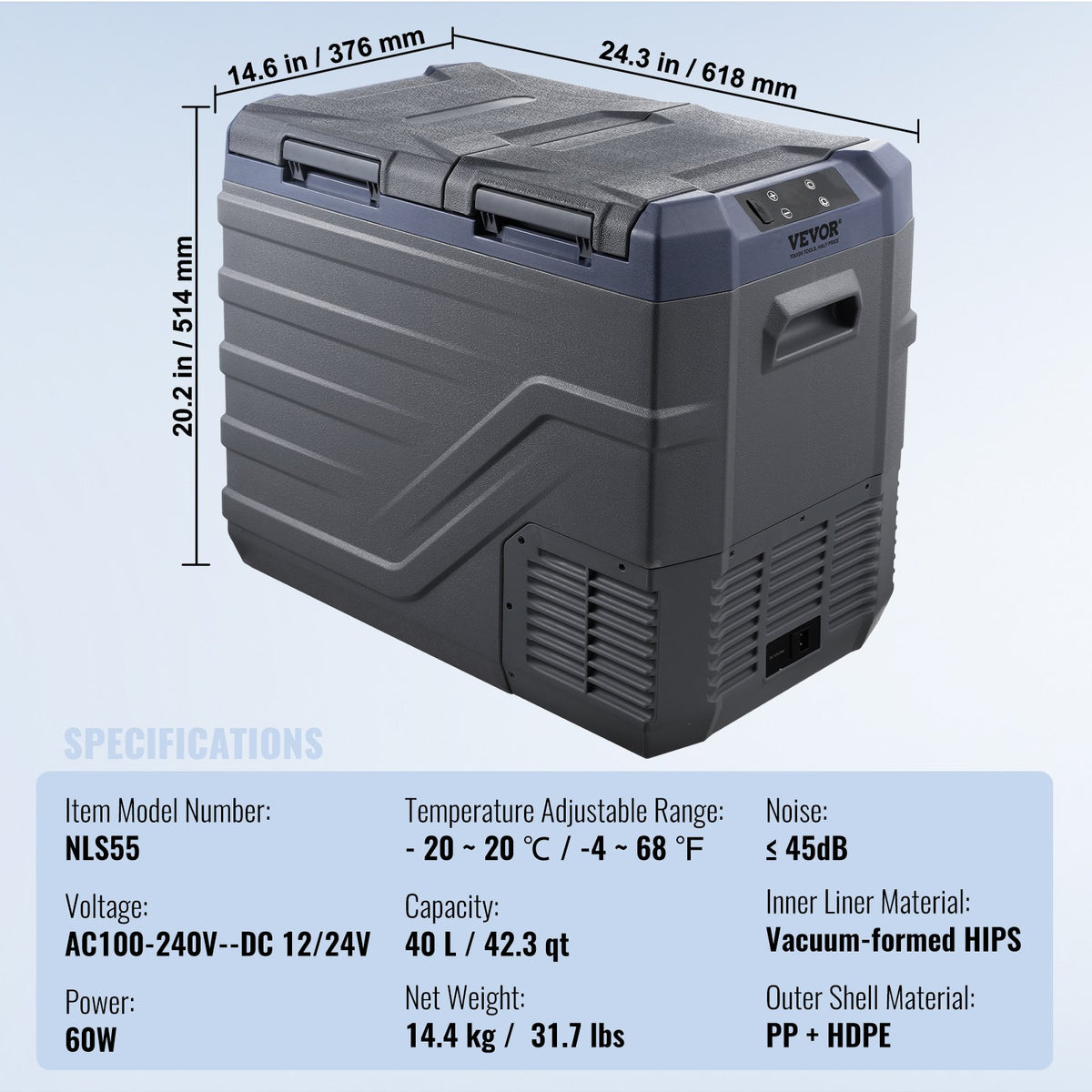 Bilkylskåp, 12 volts bilkylskåp, 40 l bärbar frys med dubbla zoner, justerbart temperaturområde -4℉-68℉, 12/24V DC och 100-240V AC kompressorkylare för utomhusbruk, camping, husbil
