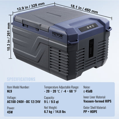 Bilkylskåp, 12 volts bilkylskåp, 9 l bärbar frys med en zon, justerbart temperaturområde -4℉-68℉, 12/24V DC och 100-240V AC kompressorkylare för utomhusbruk, camping, husbil