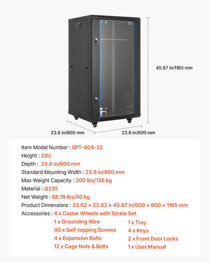 22U Network Cabinet Wall Mount, 600 mm Depth, 136 kg Max Load Capacity Server Cabinet Rack Enclosure with Locking Tempered Glass Door, Side Panels, Server Rack for IT Equipment, A/V Devices