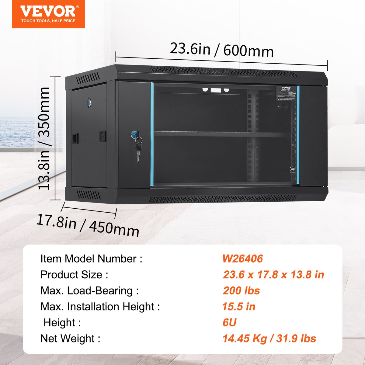 6U väggmonterat nätverksserverskåp, 39,4 cm djupt, serverrackskåp, max. markmonterad lastkapacitet 90,7 kg, med låsbara glasdörrsidpaneler, för IT-utrustning, A/V-enheter