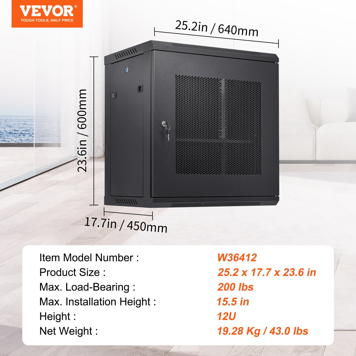 12U väggmonterat nätverksserverskåp, 39,4 cm/15,5 tum djupt, serverrackskåp, max. markmonterad lastkapacitet 90 kg/200 lbs, med låsbara sidopaneler, för IT-utrustning, A/V-enheter