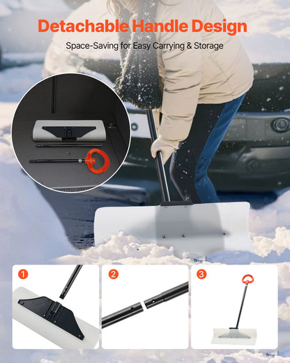 Snow Pusher Shovel, 61 cm Wide Outdoor Snowplow Shovel with Ergonomic Grip, HDPE Plastic Blade, Winter Shovels with Segmented Handle, Portable Snow Removal Tool for Driveway Garden Camping