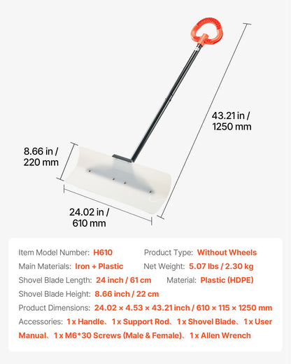 Snow Pusher Shovel, 61 cm Wide Outdoor Snowplow Shovel with Ergonomic Grip, HDPE Plastic Blade, Winter Shovels with Segmented Handle, Portable Snow Removal Tool for Driveway Garden Camping