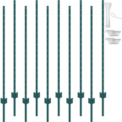 1,5 meter långa staketstolpar, 10-pack U-kanaliga kraftiga metallstaketstolpar, robusta stålstaketpinnar för trädgård, gräsmatta, gårdar och utomhustrådsstängsel, grön