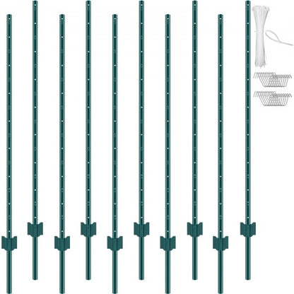 1,5 meter långa staketstolpar, 10-pack U-kanaliga kraftiga metallstaketstolpar, robusta stålstaketpinnar för trädgård, gräsmatta, gårdar och utomhustrådsstängsel, grön
