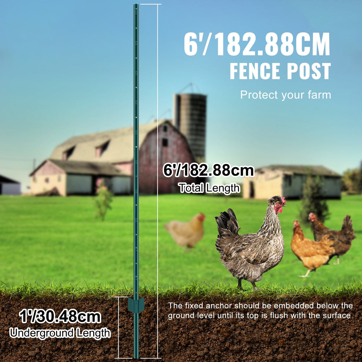 6 Feet Fence Post, 6 Pack U-Channel Heavy Duty Metal Fence Posts, Sturdy Steel Fence Stakes for Garden Yard, Lawn, Farms and Outdoor Wire Fencing, Green